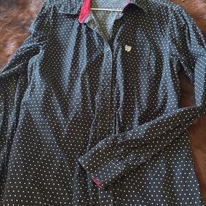 Cinch Women's Black Button-Down Shirt with White Polka Dots and Pink Trim